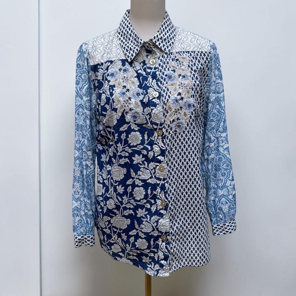 Soft Surroundings Button Down Shirt M Blue Capelle Patchwork Embroidered Cotton